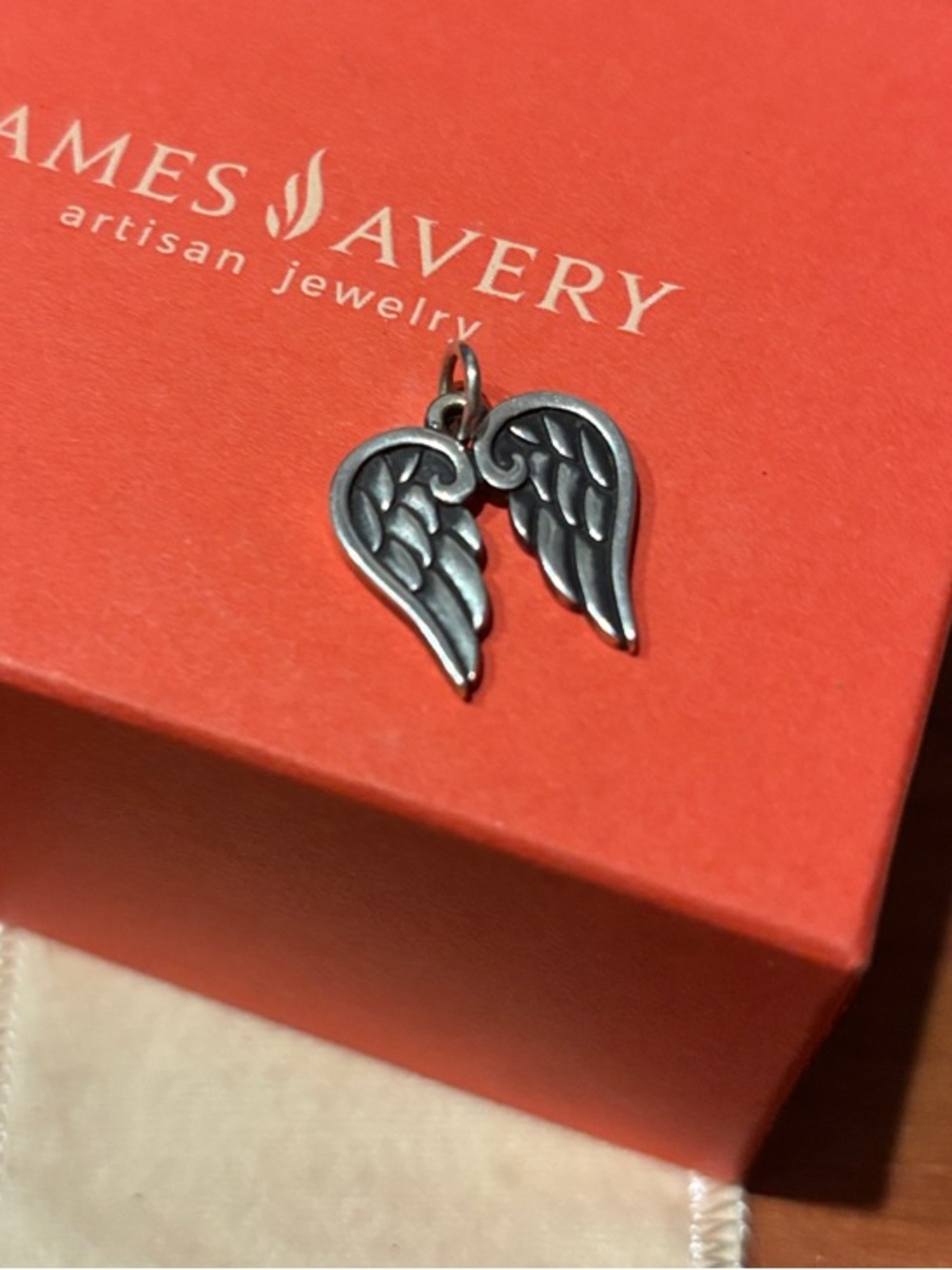 James Avery Silver Angel Wing Pendant on Red Box